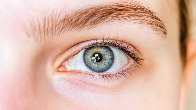 Blue green hazel eye close up detailed iris pupil eyebrow eyelid soft skin reflective texture
