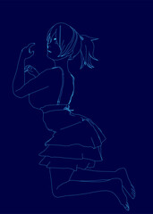 A cute girl in a dress strikes a peaceful pose with eyes closed. Her contour is sketched in blue on a matching background with a serene expression.