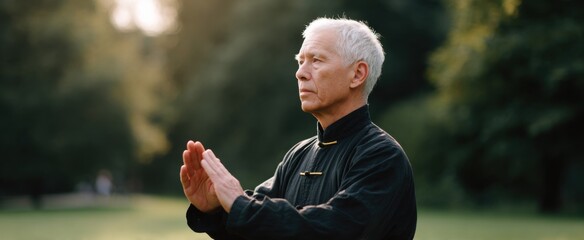 The elderly man flows like a gentle breeze practicing tai chi in a sunny park.