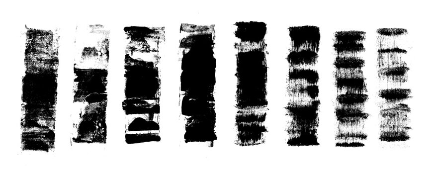 Linocut grunge rough texture lines. Ink roller long stripes background. Grunge letterpress rectangles.Printmaking brayer stroke. Painted relief stain. Vector lino shapes illustration isolated no bg.