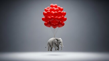 Surreal elephant lifted by heart shaped balloons concept