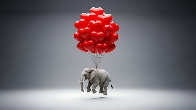 Elephant floating with red heart balloons on minimalist background - Powered by Adobe