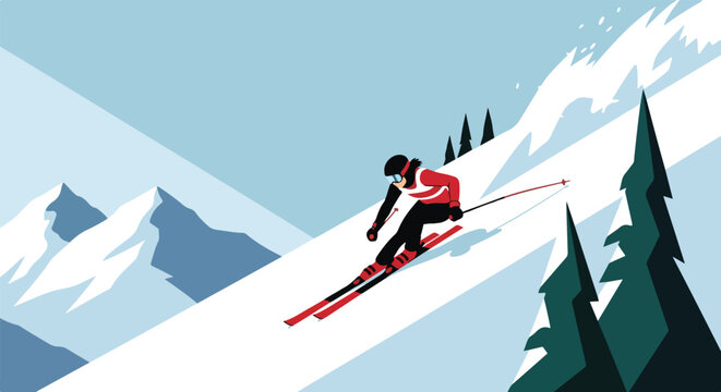 Dynamic Alpine Skier on Mountain Slope in Modern Flat Vector Illustration