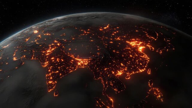 Glowing urban night map of Asia with satellite view of city lights, fiery coastlines illuminated
