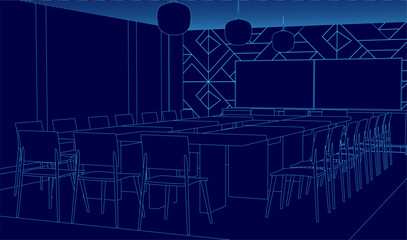 Blueprint contour of a modern conference room features a long central table surrounded by chairs. A detailed wall and overhead lighting complete the architectural plan.