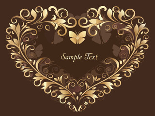 Elegant golden heart floral frame with butterflies and space for text