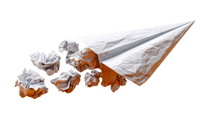Paper Plane of Progress: A creative paper airplane streaks forward, trailed by discarded ideas, symbolizing the process of innovation and the discarding of old concepts to embrace fresh beginnings.