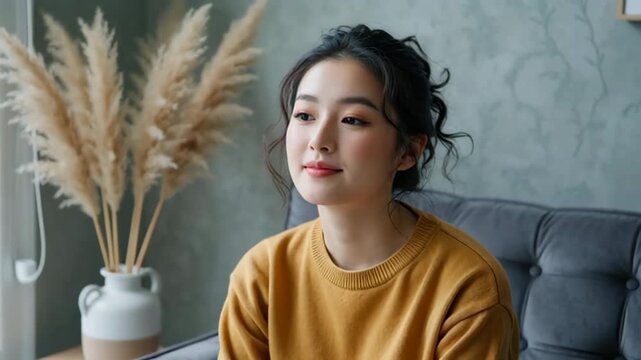 Young woman in a cozy sweater seated on a couch, looking thoughtfully with pampas grass in the background