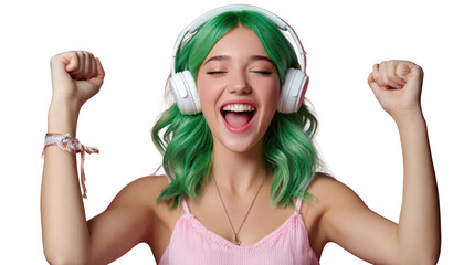 Fototapeta premium Music Enthusiasm: A vibrant woman radiates joy as she enjoys music through her headphones, embracing the sensory experience with open arms.