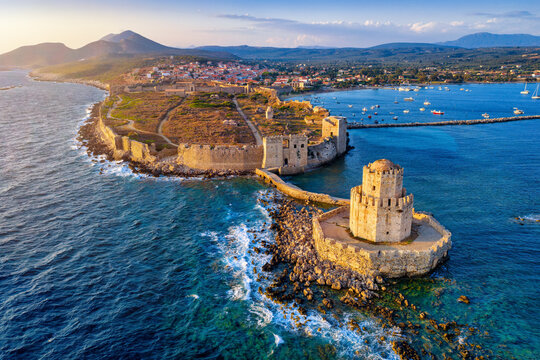 Aerial view of the old venetian Castle and Bourtzi tower at Methoni, Messenia, Peloponnese, Greece, during sunset