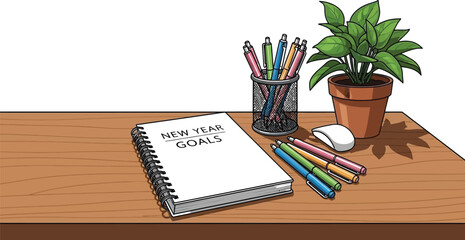 New year goals notebook on wooden desk with colorful pens and plant