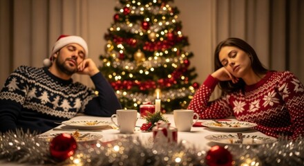 Tired couple resting at table after Christmas dinner