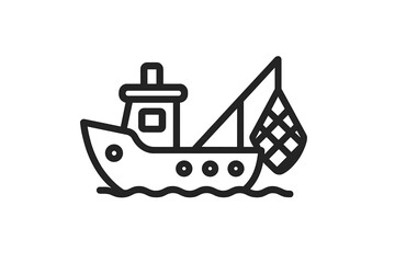 Obraz premium Commercial fishing trawler boat sailing on ocean waves with net deployed for seafood harvesting