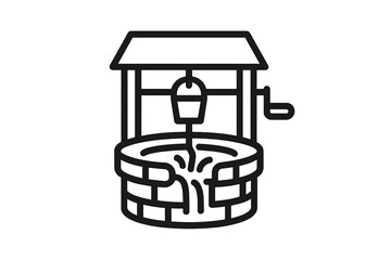 Traditional wooden water well structure with a bucket drawing fresh water source