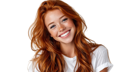 Radiant smile of a Happy woman: a portrait of beautiful woman with vibrant red hair, radiant smile, exudes joy and confidence. this image showcasing positive emotions.