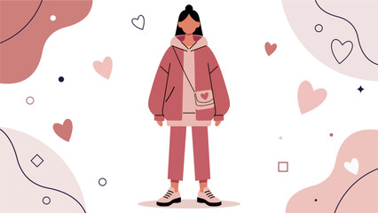 Valentine Street Style Woman in Modern Pastel Flat Vector Illustration