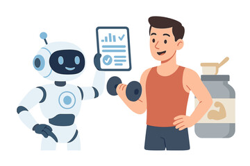 Robot assistant providing a digital workout plan to a man lifting weights and using protein supplements