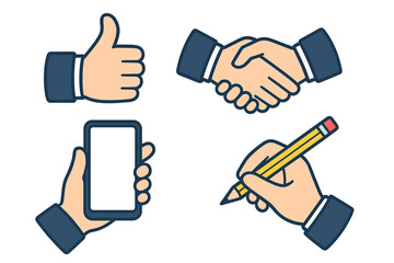 Business icons showing handshake, approval, mobile communication, and documentation