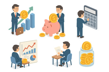 Businessmen managing finance, savings, investment growth, and accounting in isometric style