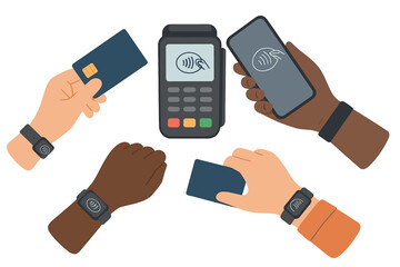 Diverse hands making secure contactless payments using cards, smartphone, and wristbands at a POS terminal