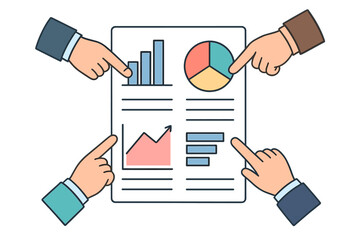 Hands pointing at business report document with various financial charts and data analysis graphs