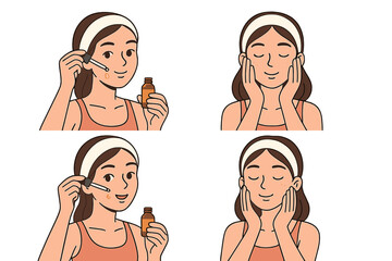Woman applying serum drops and massaging face in step-by-step beauty routine