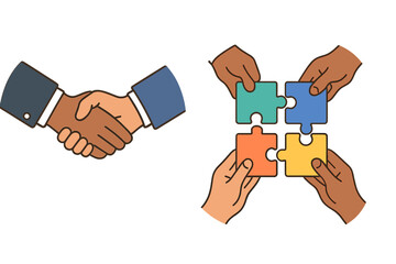 Diverse hands shaking and assembling colorful puzzle pieces symbolizing business partnership and collaboration