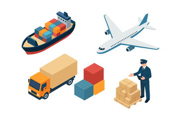 Isometric global logistics concept with cargo ship, airplane, delivery truck, containers, and customs officer