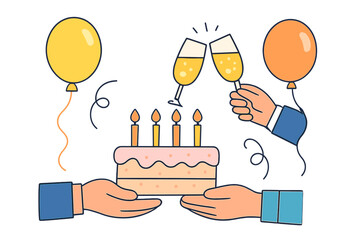 Hands holding a birthday cake with lit candles and toasting champagne glasses surrounded by festive balloons