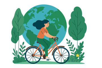 Woman riding a bicycle outdoors with the Earth globe and green nature background