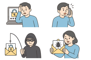 Digital security threats including phishing, hacking, and malware attacks