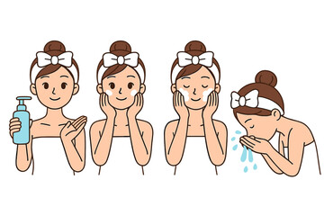 Woman demonstrating four steps of a daily facial skincare routine applying cleanser, massaging, and rinsing
