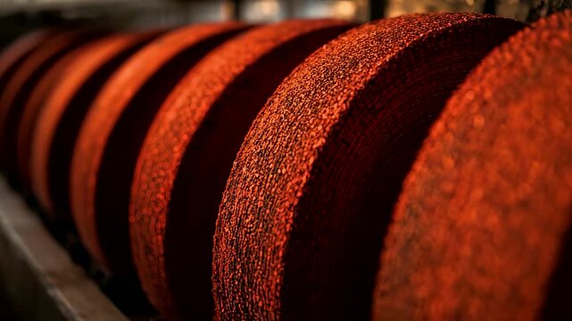 Row of Large Red Abrasive Grinding Wheels Aligned in Industrial Manufacturing Setting Macro Texture