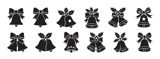 SET - Black silhouette of holiday bells with bows and holly leaves, isolated on white background. concept of festive decor, christmas symbols, seasonal celebration, icon, design element