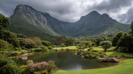 Dramatic Mountain Peaks Overlooking Lush Valley and Serene Lake.