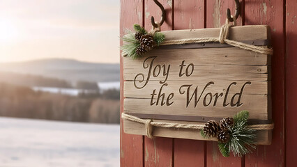 Rustic Wooden Sign with &ldquo;Joy to the World&rdquo; on Weathered Red Barn Door | Christmas Decor with Pine Sprigs and Natural Charm | Farmhouse Holiday Aesthetic for Home and Porch

