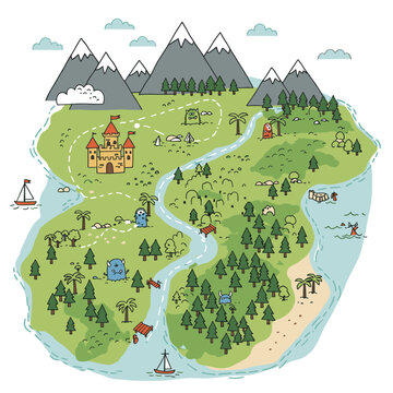 Colorful illustrated fantasy map with mountains, water, and forests  