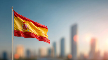 Vibrant Spanish flag waving above Madrid skyline during Independence Day celebrations