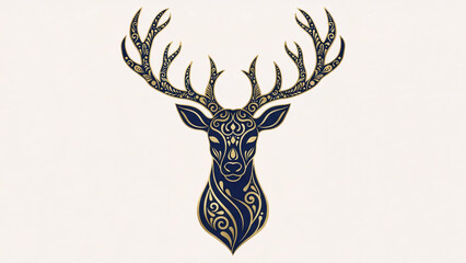 Elegant Gold and Blue Patterned Deer Head Silhouette | Boho-Chic Holiday Wall Art for Modern Interiors | Intricate Mandala-Style Christmas Decoration

