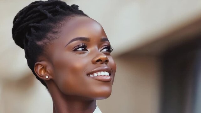 Young woman portrait smile natural hair dreadlock profile radiant joyful confident young black