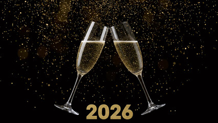 Celebratory Champagne Glasses Toasting to 2026 | New Year&rsquo;s Eve Elegance with Golden Sparkles | Festive Background for Invitations and Social Media

