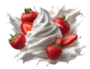 Strawberry Swirl in a Creamy Embrace: A tantalizing swirl of soft-serve ice cream dances amidst vibrant red strawberries, creating a luscious display of summer delight.