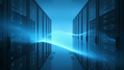 Dynamic digital data flow illuminating a sophisticated server room, symbolizing advanced network connections, cloud computing infrastructure, and technological innovation - Powered by Adobe