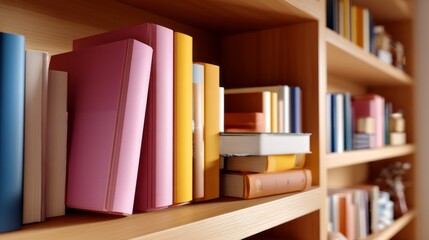 An inviting scene unfolds with a close-up view of vibrant books neatly arranged on a wooden shelf. The colors of the spines add warmth and charm to any reading space, inviting exploration