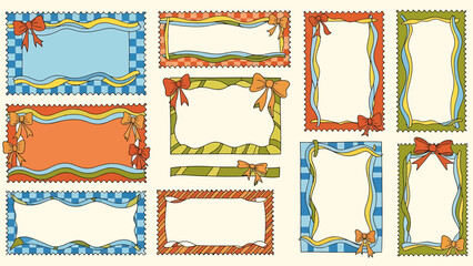 A collection of playful and decorative hand-drawn borders and frames with a whimsical, colorful, and joyful aesthetic, featuring bows and checkered patterns