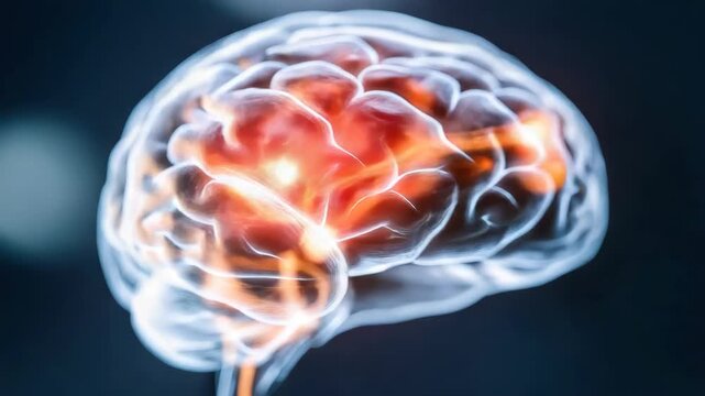 Glowing brain anatomy with neural activity cortex neurotransmission and warm glowing highlights