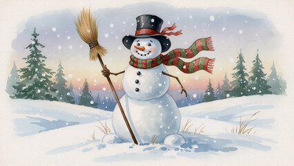 Friendly Snowman with Top Hat and Scarf in Snowy Forest | Classic Christmas Illustration for Cards and Prints | Whimsical Winter Character with Broomstick

