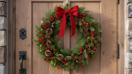 Traditional Christmas Wreath with Red Berries and Pinecones | Festive Front Door Decor with Velvet Bow | Holiday Welcome for Guests and Family

