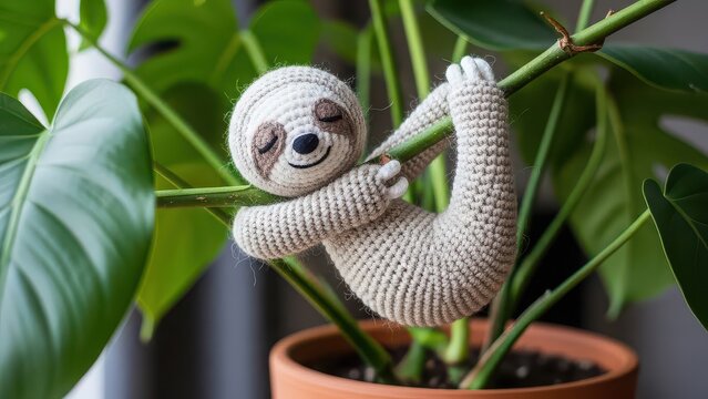 Crochet sloth hanging on houseplant stem