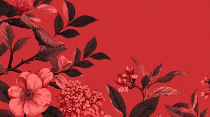 Floral Symphony: A delicate composition of flowers and foliage painted in a captivating red hue, exuding a sense of both elegance and passion, creating a harmonious and enchanting display.